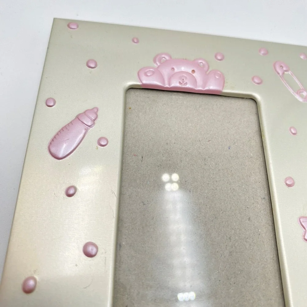 Baby Photo Frame Pink Teddy Bear Chicks Safety Pin Metal Design Tabletop Display
